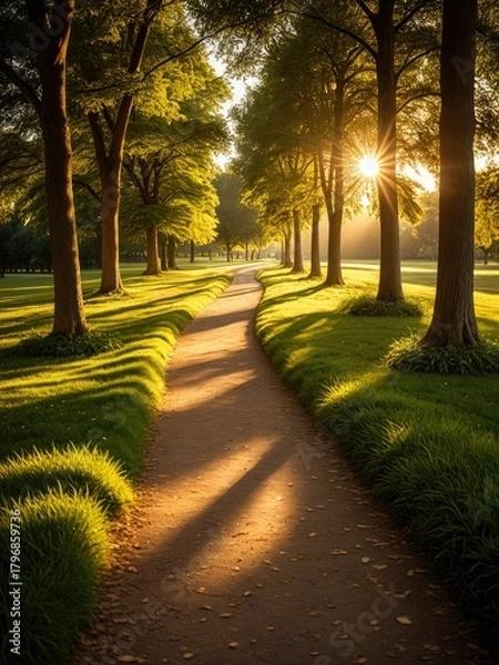 Obraz Golden Hour Pathway Through Trees: Serene Landscape Photography with Sunburst and Lush Greenery, Perfect for Nature Lovers