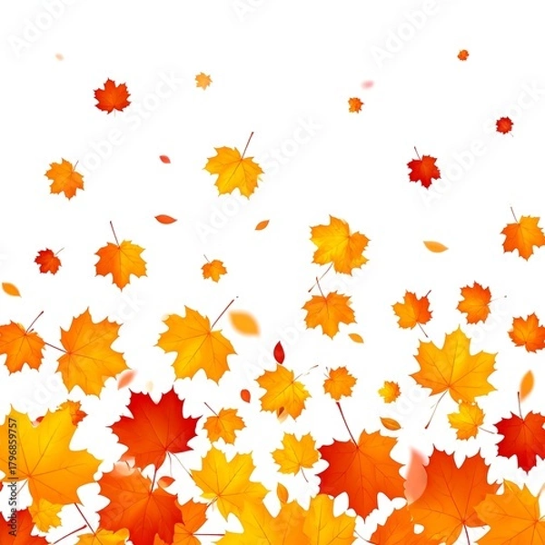 Fototapeta Falling maple leaves in shades of red, orange, and yellow cascading against a white backdrop. An autumnal scene of vibrant color