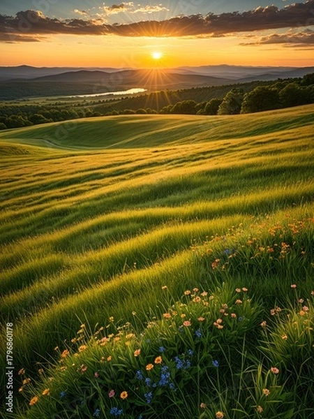 Obraz Golden Hour Landscape: Rolling Hills, Vibrant Meadow, and Majestic Sunset - Serene Countryside Photography for Nature Lovers