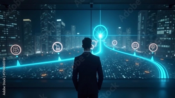Fototapeta A man in a suit gazes out at a futuristic city skyline with digital icons lighting the path ahead.