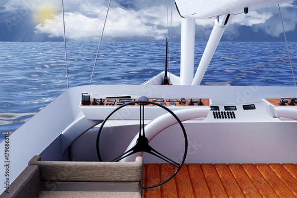 Fototapeta Barca a vela. Yacht a vela di lusso. Visione dal ponte di comando con timone, Sullo sfondo cielo e mare azzurro.