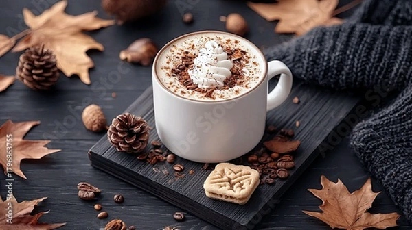 Fototapeta A warm and inviting autumn-themed beverage setting featuring a latte with whipped cream, surrounded by natural elements like leaves and pinecones, and a cozy kn