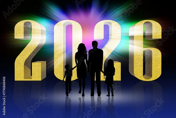 Fototapeta Le sagome di una famiglia, composta da due adulti e due bambini, sono in piedi davanti a un grande numero dorato, il "2026". Sfondo con esplosione astratta e radiosa di colori. Capodanno 2026