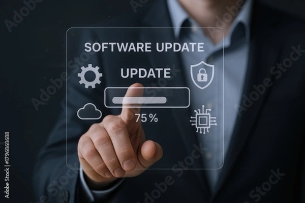 Fototapeta Software Update Progress on Screen Display with Man in Suit Pressing Update Button