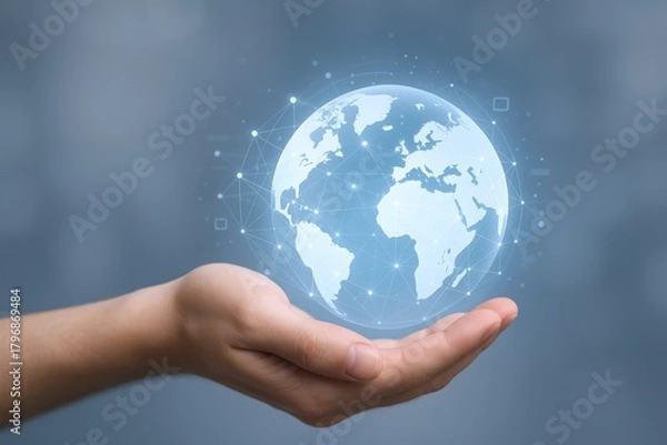 Fototapeta Global Technology Concept: Hand Holding Holographic Earth, Representing Worldwide Connectivity and Future Innovation
