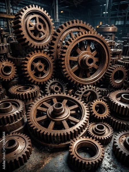 Fototapeta Industrial Gears and Cogs: Intricate Machinery Displayed in a Dark, Moody Factory Setting, Capturing Mechanical Precision