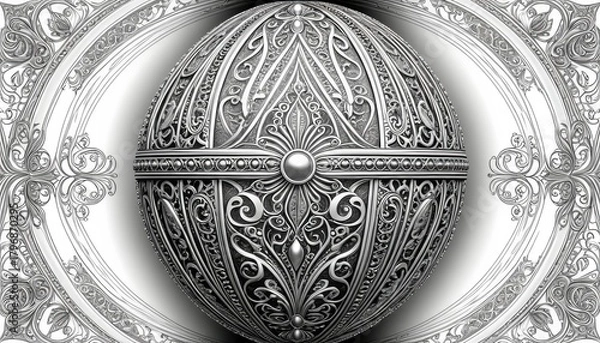 Fototapeta Intricate Ornate Silver Egg Ornament with Elaborate Victorian Scrollwork and Decorative Filigree Details