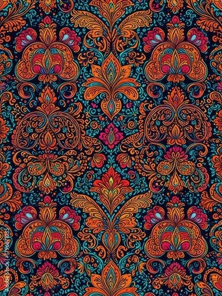 Fototapeta Intricate Paisley Pattern: Vibrant Floral Damask Seamless Design - Perfect for Textiles, Backgrounds, and Artistic Projects