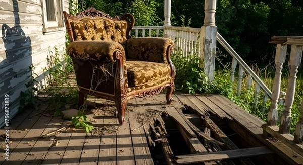 Fototapeta An antique armchair with ornate wooden details and plush upholstery sits on an old, weathered porch with peeling wood and overgrown plants, suggesting neglect and decay
