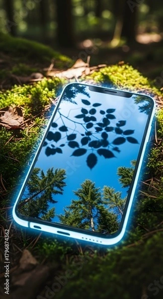 Fototapeta A modern smartphone lying on mossy ground in a forest, reflecting the blue sky and green leaves, capturing the harmony between technology and nature