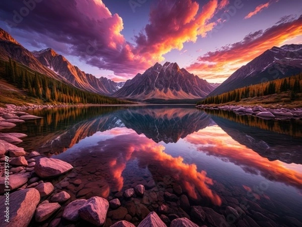 Fototapeta Majestic Mountain Lake Sunset: A Stunning Reflection of Twilight's Colorful Clouds Over Emerald Waters
