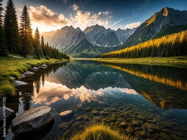 Obraz Majestic Mountain Lake Reflection: Scenic Landscape with Golden Light & Pine Trees - Perfect for Nature & Travel Themes