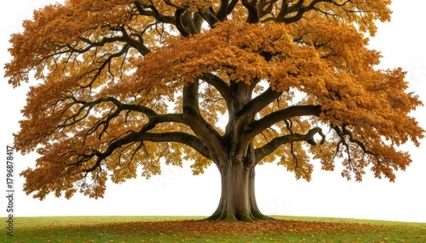 Fototapeta Majestic Oak Tree in Full Autumn Splendor, Golden Orange Leaves, Vibrant Fall Colors, Isolated on White Background with Green Grass