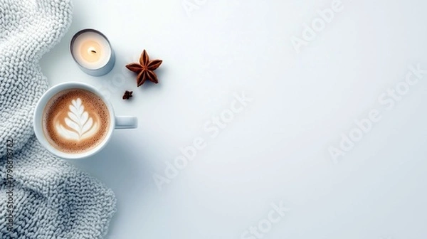 Obraz A top-down view of a white mug filled with latte art coffee, placed next to a lit candle and star anise, with a soft grey knitted blanket.