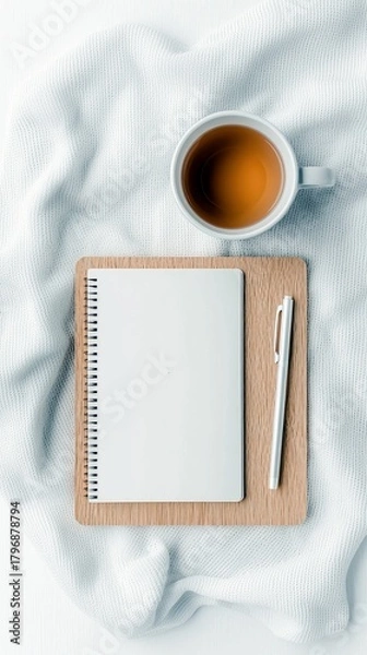Obraz A flat lay composition featuring a white mug filled with amber-colored tea, an open spiral-bound notebook with blank pages, and a silver pen resting on a wooden