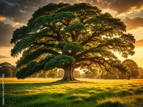 Fototapeta Majestic Ancient Tree Silhouette at Golden Hour: A Timeless Landscape Photograph for Nature Lovers
