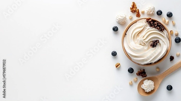Obraz A top-down view of a wooden bowl filled with swirling white cream, garnished with blueberries, nuts, and meringues, with a wooden spoon holding a dollop of crea