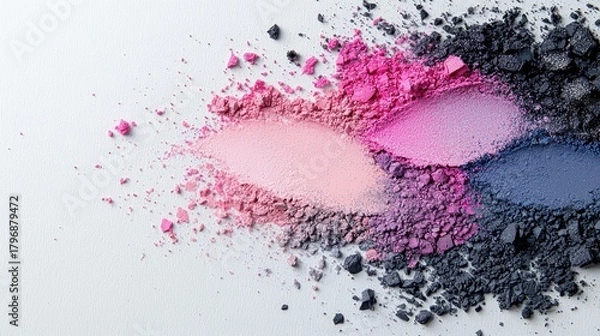 Obraz A vibrant explosion of crushed eyeshadow in shades of pink, purple, blue, and black artfully scattered across a white surface.
