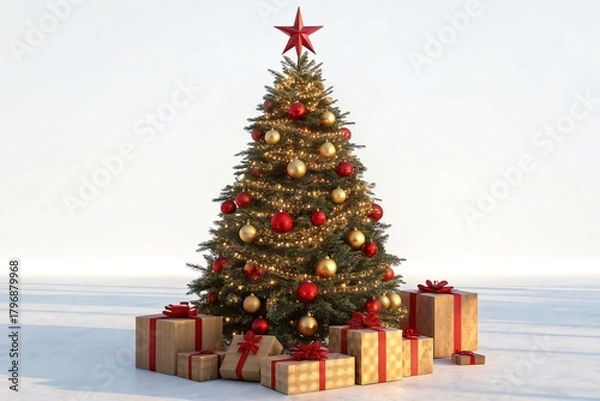 Fototapeta Festively decorated Christmas tree adorned with ornaments and surrounded by wrapped gifts on a snowy surface.