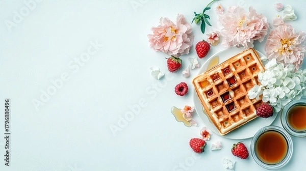 Fototapeta A close-up overhead view of a golden waffle topped with syrup, surrounded by fresh raspberries and strawberries, and adorned with soft pink and white flowers.