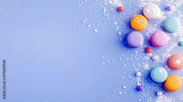 Obraz A collection of colorful macarons, sugar crystals, and small candies are artfully arranged on a solid lavender background, creating a sweet and festive scene.