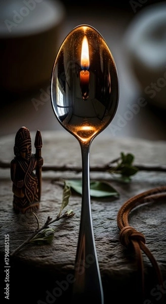 Obraz A close-up of a reflective spoon with a lit candle flame captured in its surface, creating an intriguing visual effect with warm lighting and detailed surroundings