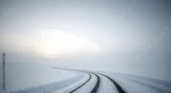 Obraz Journey through winter wonderland on a winding road, embracing solitude and the vast, frosted landscape under a soft, diffused light