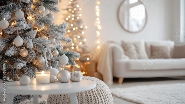 Obraz Minimalist modern Christmas interior Scandinavian decor white tree soft lighting cozy winter vibes stylish home photography