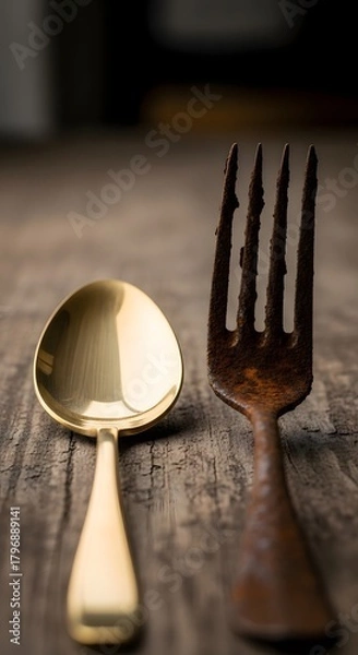 Fototapeta A close-up of a shiny gold spoon and a rusty fork placed side by side on a rustic wooden surface, highlighting the contrast between new and aged utensils