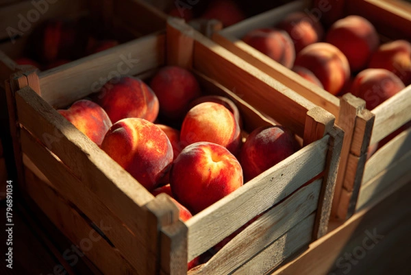 Obraz Peaches in wooden boxes, harvesting and storing the crop