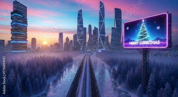 Obraz Captivating futuristic city skyline at dusk with a vibrant Merry Christmas billboard illuminating a snowy forest landscape