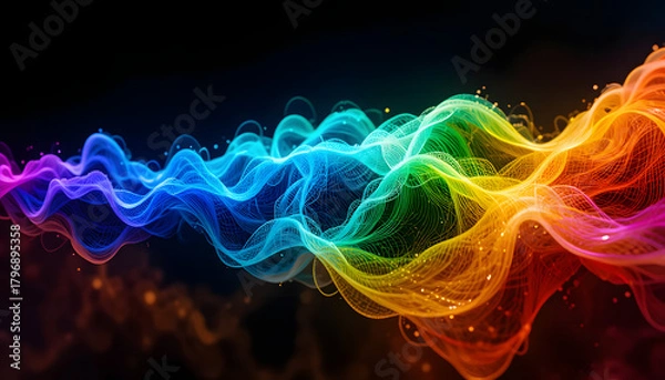 Fototapeta Glowing fractal rainbow waves illustrating the energy and design of wave particle motion in space
