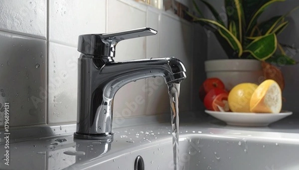 Fototapeta Close-up of modern chrome faucet with water flowing into sink, white tiled background, sliced citrus fruits and leafy greens nearby—symbolizing freshness, hygiene, and kitchen clarity.