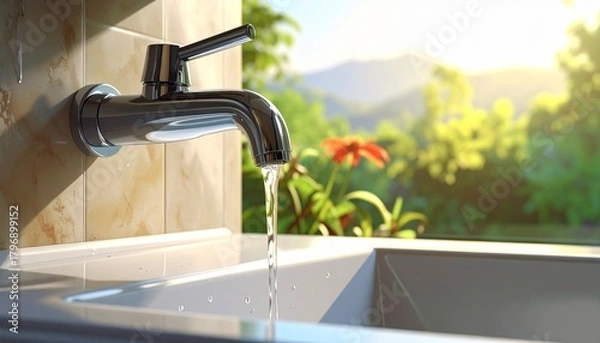 Obraz Close-up of modern chrome faucet with water flowing into sink, white tiled background, sliced citrus fruits and leafy greens nearby—symbolizing freshness, hygiene, and kitchen clarity.