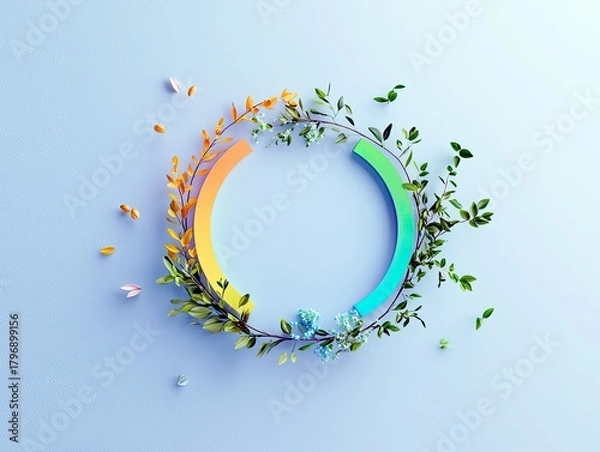 Fototapeta A circular wreath made of green leaves, autumn leaves, and small blue flowers encircles a gradient ring, representing the cycle of seasons.