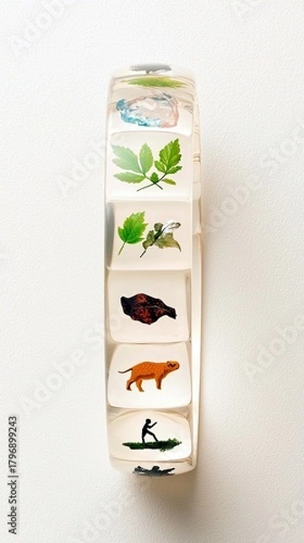 Fototapeta A clear resin bracelet displays a vertical sequence of embedded natural elements and small figures, including leaves, a rock, an animal, and human silhouettes.