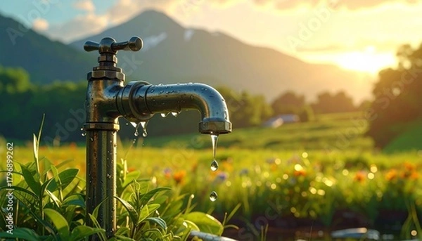 Fototapeta Close-up of modern chrome faucet with water flowing into sink, white tiled background, sliced citrus fruits and leafy greens nearby—symbolizing freshness, hygiene, and kitchen clarity.
