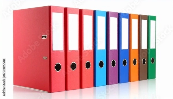 Fototapeta Row of eleven upright ring binders in assorted colors—red, green, blue, black, purple—each with white spine label and metal ring, symbolizing office organization, archiving, and structured memory.