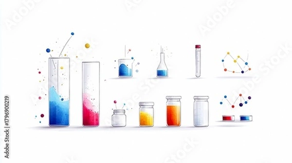 Fototapeta A collection of scientific laboratory equipment, including beakers, test tubes, and jars filled with colorful liquids, alongside molecular diagrams.