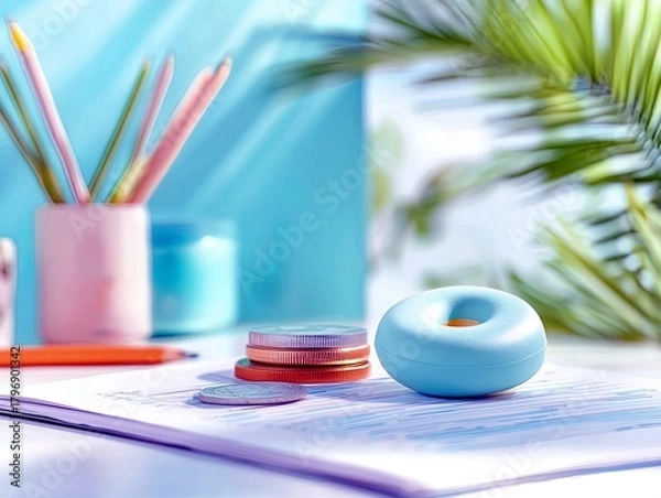 Fototapeta A desk setup with colored pencils in a pink holder, coins, a blue donut-shaped object, and an orange pencil on a document.