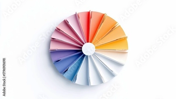 Fototapeta A circular fan of paper swatches displays a gradient of colors from red and pink to purple, blue, and orange, set against a clean white background.