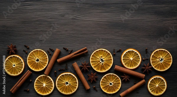 Obraz Warm aromatic spices like cinnamon sticks, star anise, cloves, and dried orange slices create a cozy festive holiday season backdrop.
