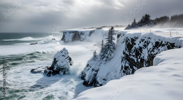 Obraz Dramatic winter storm crashes against snow-covered cliffs with powerful waves and dramatic sky, evoking nature's raw beauty and untamed power.