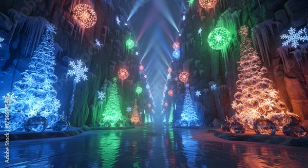 Obraz Step into a magical winter wonderland cave adorned with vibrant, illuminated Christmas trees and sparkling snowflakes, creating an enchanting festive atmosphere.