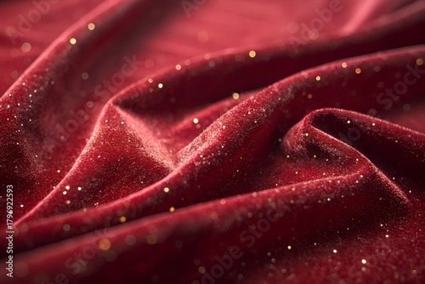 Obraz Close up of luxurious deep red velvet fabric with subtle gold glitter accents creating a rich textured background perfect for festive or elegant designs