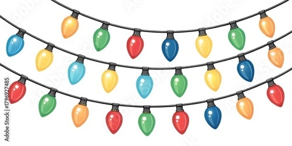 Obraz A string of colorful vintage christmas lights in red blue green and yellow illuminates the festive holiday season with a warm and inviting glow against a white background