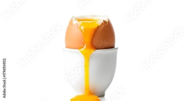 Fototapeta Perfectly softboiled egg in an egg cup, with runny yolk cascading down, showcasing a delicious breakfast treat
