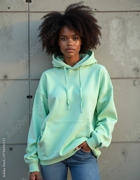 Obraz Black afro american woman wearing a light green mockup oversized crewneck blank sweatshirt in front of a concrete wall in the street hoodie mockup fashion isolated design casual clothing template appa
