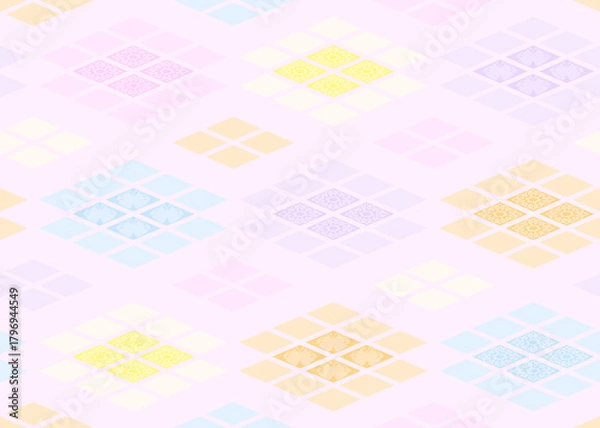 Obraz シームレスなタンポポと蝶のモチーフが入ったポップで可愛いパステルカラーの菱文様背景