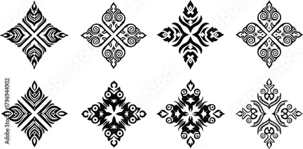Fototapeta Diamond ornamental design, intricate floral motif, geometric decorative emblem, symmetrical tribal pattern, black and white ornament, cultural artistic vector illustration